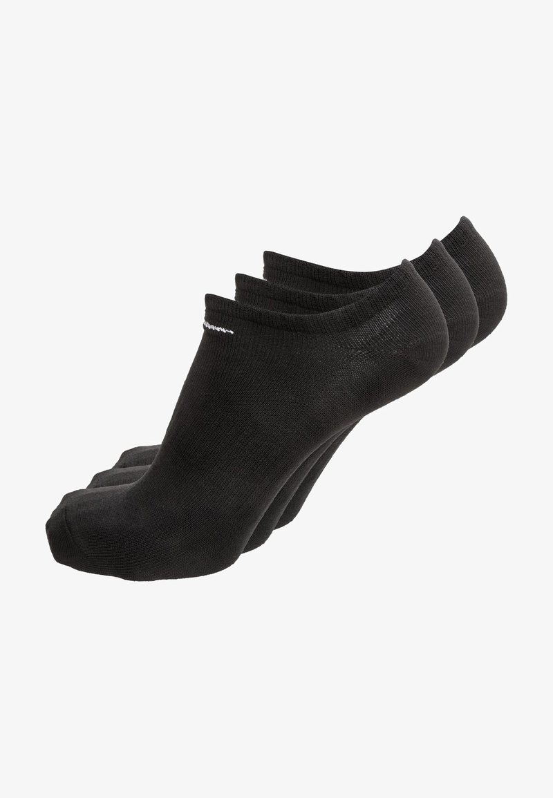 Calcetas negras hasta el tobillo; tres pares apilados. Material de mezcla de algodón. Diseño de punta redondeada con talón reforzado y mínima marca en blanco.