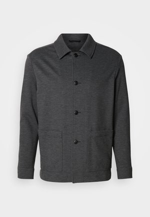 Dark gray jacket made of textured material with a button-down front, pointed collar, and two side pockets.