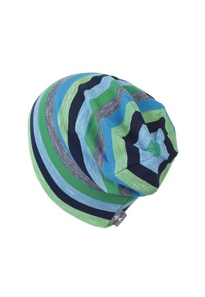 Bunt gestreifte Mütze mit horizontalen Streifen in verschiedenen Blau-, Grün- und Marine-Tönen. Hergestellt aus weichem, strukturiertem Stoff mit einer eng anliegenden Passform.