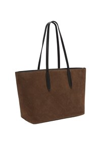 Borsa a tracolla in suede marrone con manici in pelle nera, forma rettangolare e delicato motivo logo in rilievo.