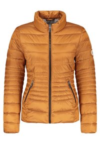 Pomarańczowa kurtka puchowa z wysokim kołnierzem, poziomym pikowaniem, zamkiem błyskawicznym z przodu oraz dwoma bocznymi kieszeniami. Gładka, lekka tekstura.