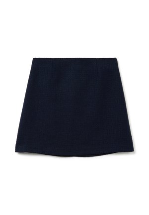 Jupe A-line texturée bleu marine foncé avec une taille simple, posée à plat sur un fond blanc.