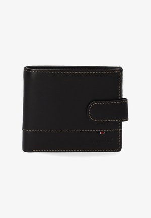 Black leather wallet with contrast stitching, a snap closure, and a small logo detail. Rectangular shape designed for cards and cash.