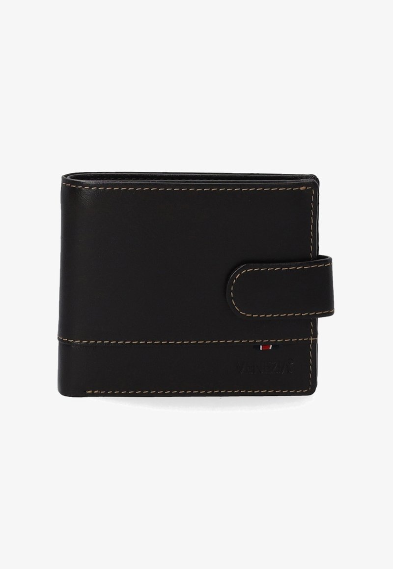 Černá kožená peněženka s kontrastním prošíváním, s uzávěrem na Patent a malým detailním logem. Obdélníkový tvar navržený na karty a hotovost.