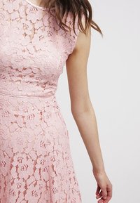 Šaty z krajky v světle růžové barvě, s přiléhavým korzetem, krátkými rukávy a rozšířenou sukní. Květnový krajkový vzor s hladkým povrchem.