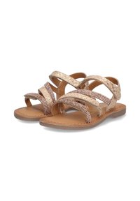 Riemchensandalen mit einem strukturierten beigen Kunstleder-Obermaterial, verziert mit Strasssteinen, und einer flachen, tanfarbenen Gummisohle für Komfort.