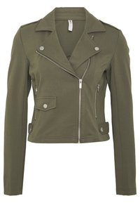 Olive green biker jacket made of soft fabric, featuring silver zippers, a notched collar, and two zippered pockets with snap-button accents.