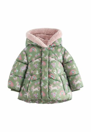 Manteau matelassé vert pour enfants avec capuche doublée en polaire rose, décoré de licornes blanches, arcs-en-ciel, fraises et fleurs.
