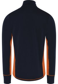 Langærmet skjorte med høj hals, overvejende navy stof med orange sidepaneler og kontraststing detaljer.