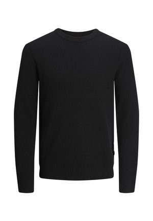 Black ribbed knit sweater with long sleeves and a round neckline. Features a smooth texture and a side hem accent.