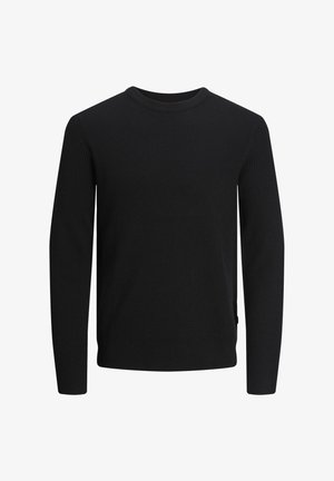 Svart ribbad stickad tröja med långa ärmar och rund halsringning. Har en slät textur och en sidokantaccent.