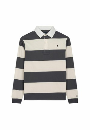 Polo de manga larga en rayas gris oscuro y crema, con cuello, lista de botones y logo bordado en el lado izquierdo del pecho.