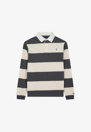 Polo a maniche lunghe grigio scuro e crema a righe, con colletto, patta con bottoni e logo ricamato sul lato sinistro del petto.