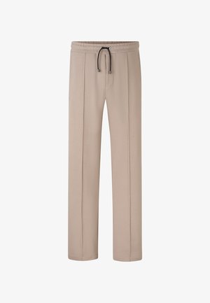 Beige sweatpants with a drawstring waistband, smooth texture, straight leg design, and two vertical seams on the front.