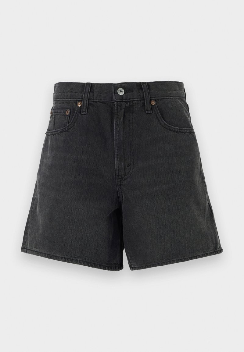 Zwarte denim shorts met een klassieke snit, voorzien van een knoopsluiting, vijf zakken en minimale stikseldetails. Glad oppervlak.