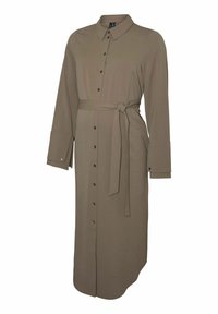 Lång olivgrön klänning med knappstängning framtill, krage, långa ärmar och knytdetalj i midjan. Tillverkad av mjukt material, med en subtil textur.