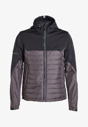 Herrejakke med hætte, sort øverste sektion og grå quiltet nederste sektion. Fremstillet af vandafvisende stof med lynlås lukning.