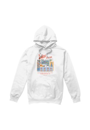 White hoodie featuring colorful illustration of Luke's Diner counter with stools, shelves, and text referencing Stars Hollow, CT.