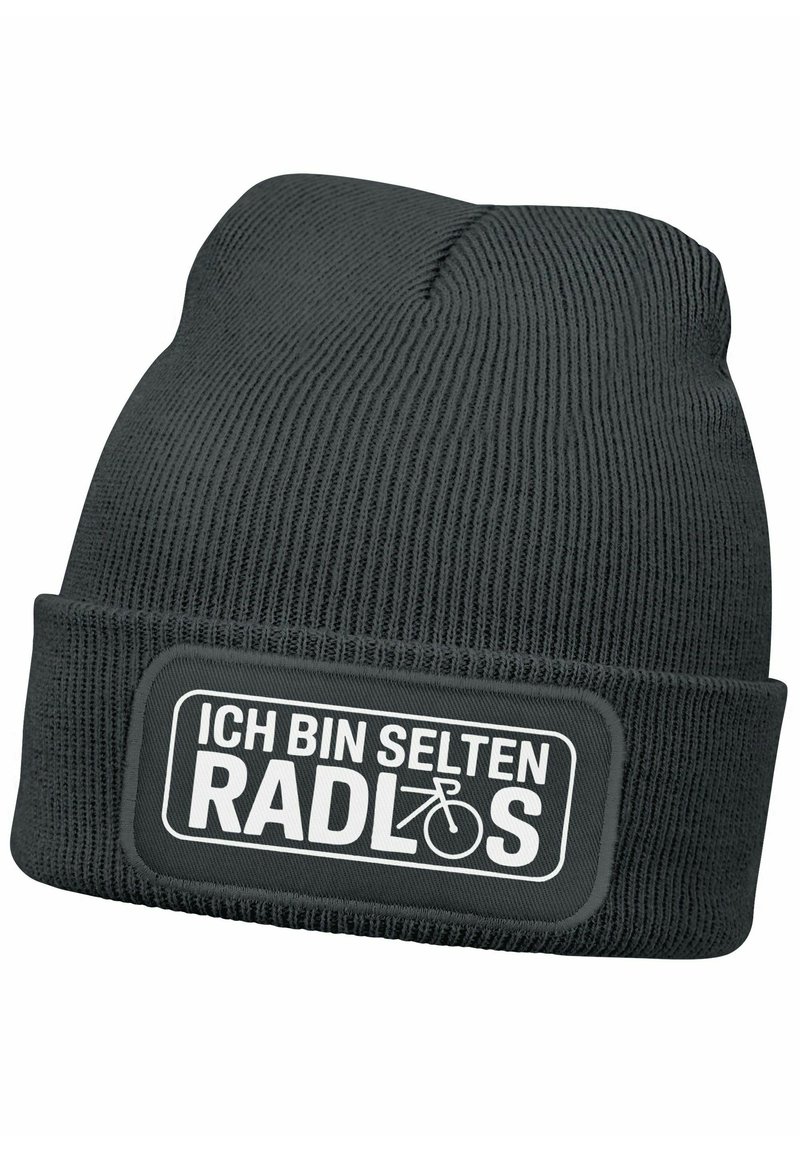 Black knit beanie with ribbed texture, featuring a white rectangular patch that displays text and a bicycle icon.