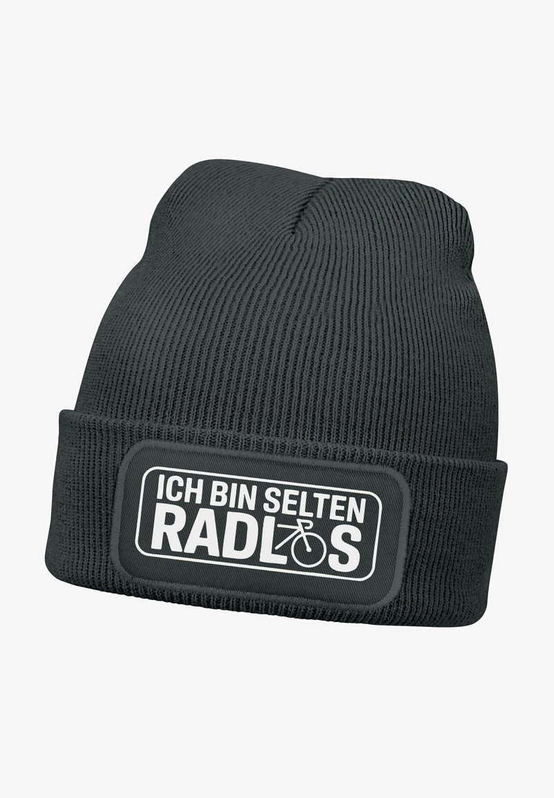 Black knit beanie with ribbed texture, featuring a white rectangular patch that displays text and a bicycle icon.