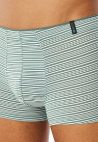Boxers rayés en tissu doux et extensible ; rayures horizontales vert clair et blanches ; taille élastique avec détail de marque.
