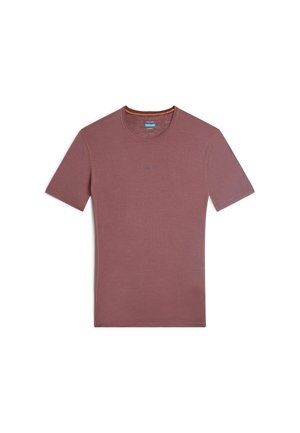 Short-sleeve, crew-neck t-shirt in a deep mauve color, featuring textured fabric and contrasting orange stitching along the seams.