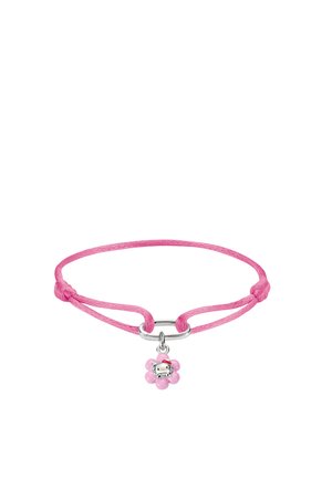 Pink adjustable cord bracelet with silver ring and pink flower charm featuring a small Hello Kitty face in the center.