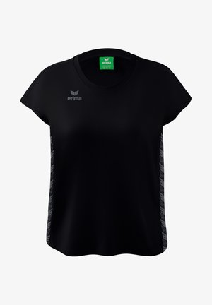 Camicia nera a maniche corte realizzata in tessuto liscio con scollo rotondo; presenta un logo riflettente e dettagli a motivo sui lati.