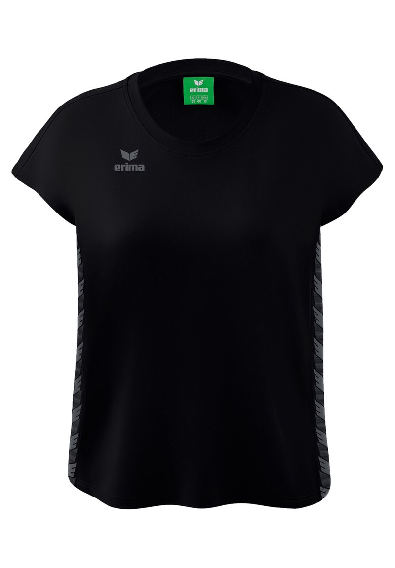 Camicia nera a maniche corte realizzata in tessuto liscio con scollo rotondo; presenta un logo riflettente e dettagli a motivo sui lati.