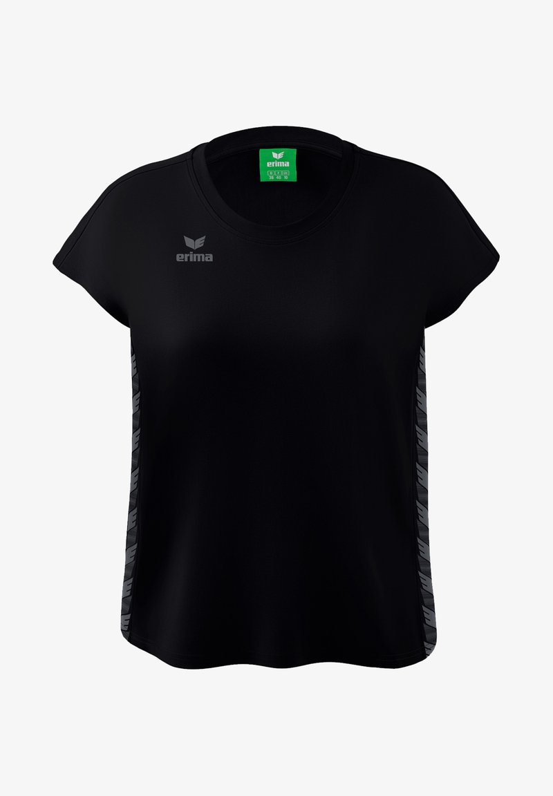 Schwarzes T-Shirt mit kurzen Ärmeln aus glattem Stoff und Rundhalsausschnitt; verfügt über ein reflektierendes Logo und gemusterte Akzente an den Seiten.