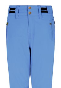 Pantalon bleu clair avec double fermeture à boutons, pattes de taille réglables en velcro, passants pour ceinture et poches latérales zippées.