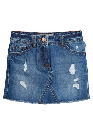 Blaue Denim-Minirock mit abgenutzten Stellen, vorderer Knopfleiste, Gürtelschlaufen und ausgefranstem Saum.