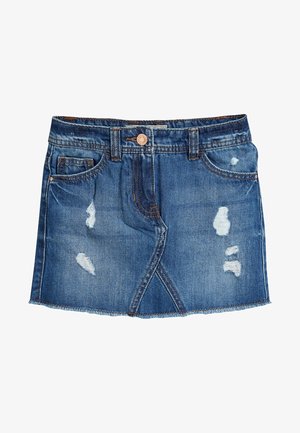 Niebieska mini spódniczka z denimu z przetarciami, zapinana na guziki z przodu, z pętlami na pasek i postrzępionym dołem.
