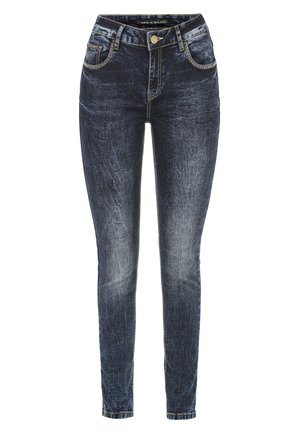 Dunkelblaue Denim-Jeans mit Slim-Fit, kontrastierenden Nähten, fünf Taschen und einer dezenten, ausgewaschenen Textur.