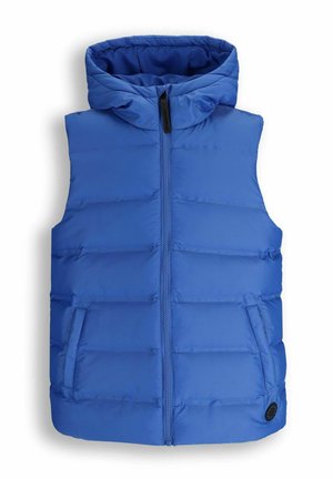 Niebieska, pikowana kamizelka bez rękawów z kapturem, zamkiem z przodu, bocznymi kieszeniami oraz małym czarnym okrągłym logo w dolnym prawym rogu.