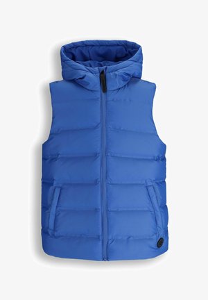 Niebieska, pikowana kamizelka bez rękawów z kapturem, zamkiem z przodu, bocznymi kieszeniami oraz małym czarnym okrągłym logo w dolnym prawym rogu.