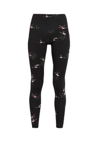 Schwarze Leggings mit einem hohen Bund. Sie verfügen über ein Blumenmuster mit rosa Vögeln und grünem Gras. Hergestellt aus dehnbarem, glattem Stoff.