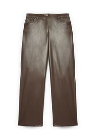 Bruine neplederen broek met een zachte textuur, rechte pijpen en voorzakken. Voorzien van een knoopsluiting bij de taille.