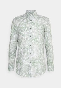 Wit langemouw shirt met een groen tropisch bladerenpatroon, met een knoopsluiting aan de voorkant, een puntige kraag en zwarte knopen.