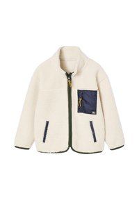 Fleece jacket in off-white with a zippered front. Features navy accents, a chest pocket, and green trim along the edges.