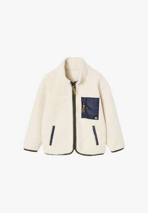 Fleecejacke in Off-White mit einem Reißverschluss vorne. Merkmale sind marineblaue Akzente, eine Brusttasche und grüne Besätze an den Rändern.