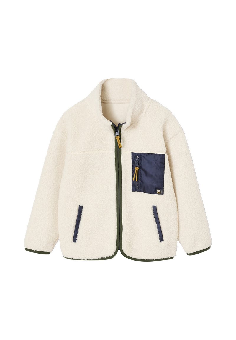 Fleece jacket in off-white with a zippered front. Features navy accents, a chest pocket, and green trim along the edges.