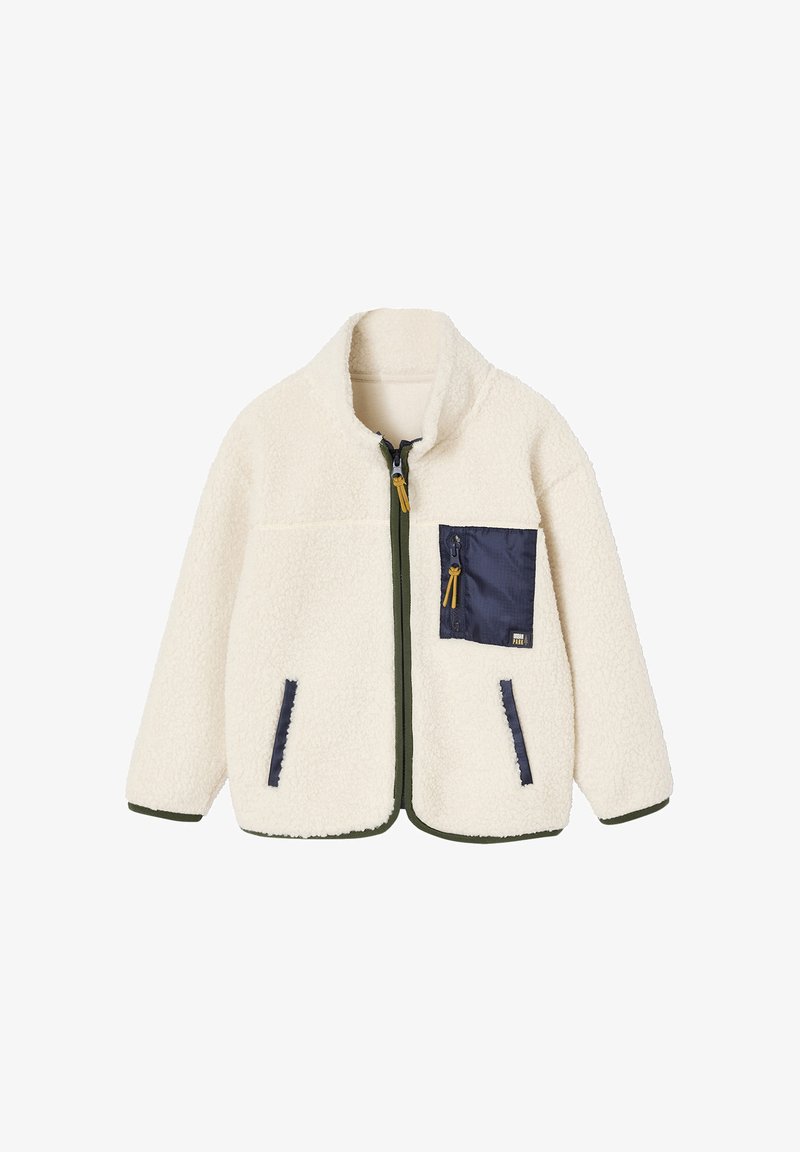 Fleece jacket in off-white with a zippered front. Features navy accents, a chest pocket, and green trim along the edges.