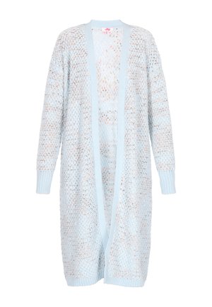 Svetlo modri pleteni cardigan z odprtim sprednjim delom, dolgimi rokavi in teksturiranim vzorcem z rebrastimi manšeti in robom.
