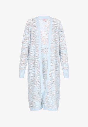 Svetlo modri pleteni cardigan z odprtim sprednjim delom, dolgimi rokavi in teksturiranim vzorcem z rebrastimi manšeti in robom.