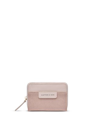 Small blush pink wallet with ribbed fabric front, zipper closure, and Kapten & Son logo on a rectangular patch.