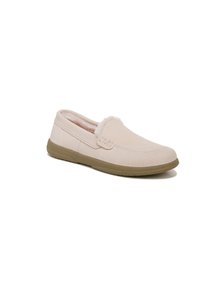 Beige slip-on shoes with soft, textured suede upper, faux fur lining, and a rubber sole for traction. Minimalist design with subtle accents.