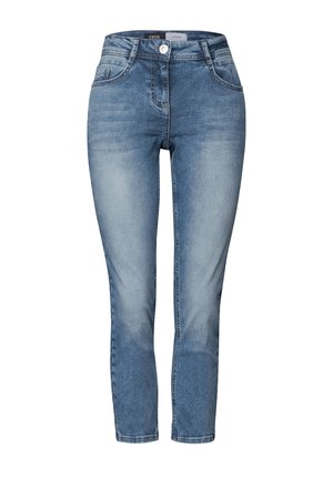 Jasnoniebieskie dżinsy o slim fit, z zapięciem na guziki i zamek błyskawiczny, tradycyjnym pięciopocketowym fasonem oraz subtelnymi wyblakłymi detalami.