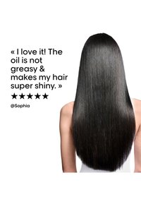 Langes, glattes, glänzendes schwarzes Haar von hinten neben einer Fünf-Sterne-Bewertung, die ein nicht fettendes Haaröl für Glanz lobt.