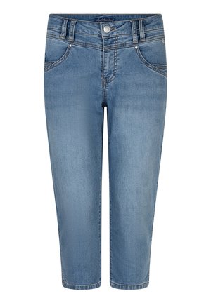 Lyseblå croppede cowboybukser med forlommer, bæltestropper og knaplukning, vist på en hvid baggrund.